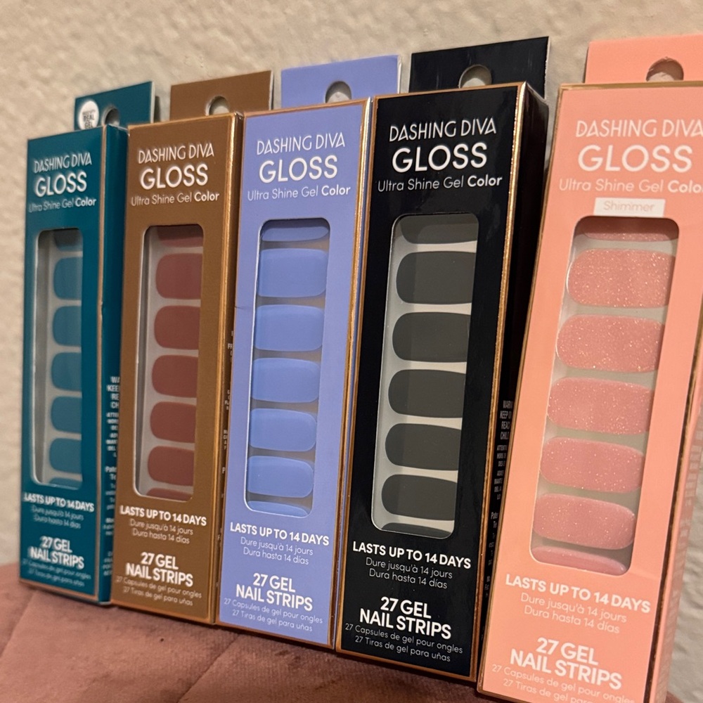 Dashing Diva Gloss Gel Nail Strips Set - Teal, Pink, Brown, Blue, Peach - Picture 2 of 3